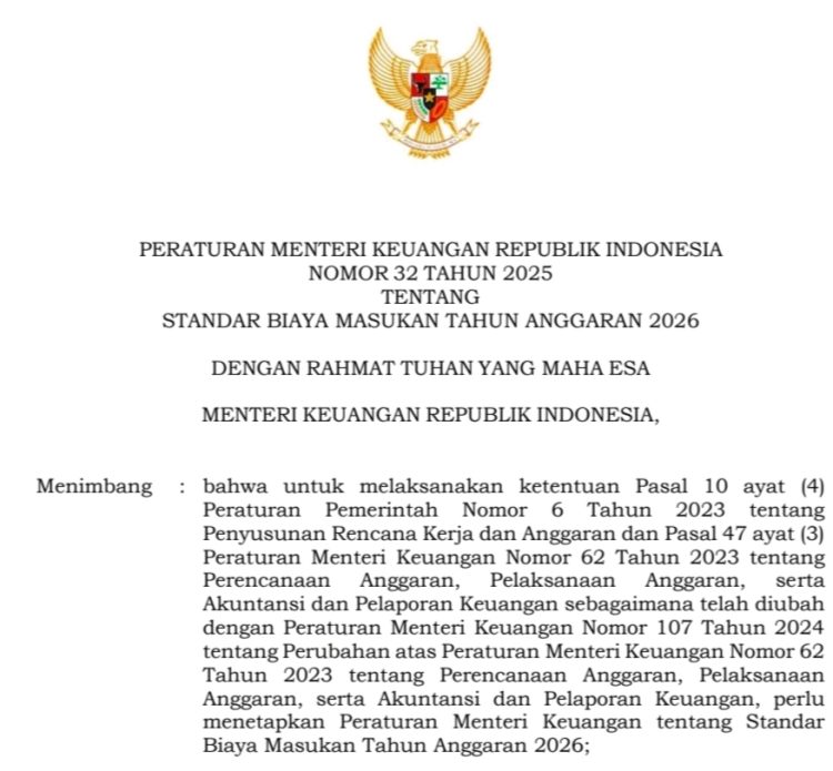 Kemenkeu Tetapkan Peraturan Menteri Nomor 32 Tahun 2025 tentang Standar Biaya Masukan Tahun Anggaran 2026