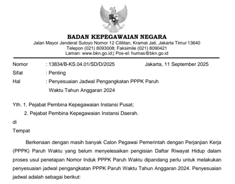 BKN Perpanjang Waktu  Pengisian Dokumen DRH  PPPK Paruh Waktu 7 Hari Hingga 22 September 2025 
